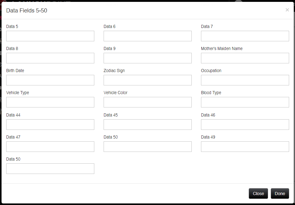 Data Fields 5 - 50 screen